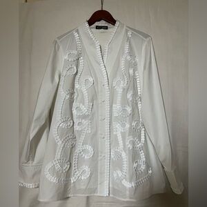 GO SILK Ribbon Appliqué Button Down Long Sleeve Blouse Top - White - L/XL